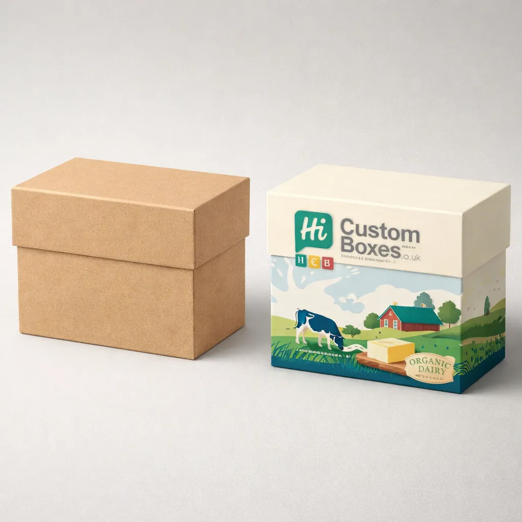 Two tall milk cartons with pouring spouts, one plain white and one with blue dairy-themed graphics. class=